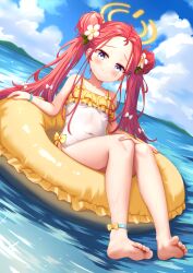 1girl absurdres ahoge alternate_costume ankle_bow ankle_ribbon anklet bandaid bandaid_on_knee bandaid_on_leg bare_legs bare_shoulders barefoot blue_archive blue_sky blush bow chinese_commentary closed_mouth cloud commentary_request covered_navel day dot_nose double_bun feet flower forehead frilled_one-piece_swimsuit frills hair_bow hair_bun hair_flower hair_ornament halo highres innertube jewelry loli long_hair looking_at_viewer ocean on_innertube one-piece_swimsuit outdoors red_hair ribbon sky smile soles solo split_mouth swim_ring swimsuit toes twintails uro30 very_long_hair wet white_bow white_one-piece_swimsuit yellow_bow yellow_halo yellow_innertube yuzu_(blue_archive)