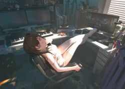 1girl 3d absurdres at_computer brown_hair can chair chemise computer computer_keyboard computer_mouse desk drink_can electric_guitar feet_on_desk from_side girls&#039;_frontline girls&#039;_frontline_2:_exilium grey_eyes guitar highres holding holding_can instrument k2_(girls&#039;_frontline) kana_kana_(qq1414933589) keyboard_(instrument) legs long_hair looking_at_viewer monitor multiple_monitors office_chair open_mouth panties smile solo strap_slip swivel_chair synthesizer tablet_pc teeth thighhighs thighs underwear upper_teeth_only white_thighhighs