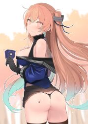 1girl ass black_gloves black_panties black_sailor_collar black_skirt black_thighhighs blue_shirt blush breasts brown_eyes brown_hair condom condom_wrapper from_behind gloves hair_between_eyes heart holding johnston_(kancolle) kantai_collection long_hair looking_at_viewer looking_back medium_breasts multicolored_hair nipple_slip nipples off_shoulder panties pleated_skirt sailor_collar school_uniform see-through_clothes serafuku shin_(new) shirt single_glove skirt solo thighhighs thong two_side_up underwear very_long_hair