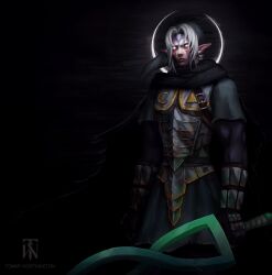 1boy absurdres armor black_cape black_hat black_tunic breastplate cape dark dark_persona facepaint facial_tattoo fierce_deity gloves glowing glowing_eyes grey_sleeves hat highres holding holding_sword holding_weapon layered_sleeves long_sleeves looking_at_viewer male_focus moon nintendo no_pupils pointy_ears short_over_long_sleeves short_sleeves solo sword tattoo the_legend_of_zelda the_legend_of_zelda:_majora&#039;s_mask tommy_worthington torn_cape torn_clothes tunic watermark weapon web_address white_eyes white_hair