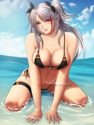 1girl artist_name azur_lane bad_id bad_pixiv_id bikini black_bikini black_choker blue_sky blush breasts brown_eyes choker cleavage cloud day deviantart_username female_focus flag_print german_flag_bikini large_breasts leaning_forward long_hair looking_at_viewer mole mole_on_breast multicolored_hair navel outdoors prinz_eugen prinz_eugen_(azur_lane) prinz_eugen_(unfading_smile)_(azur_lane) red_hair seiza side-tie_bikini_bottom silver_hair sitting sky solo streaked_hair swimsuit thigh_strap two_side_up very_long_hair zaphn