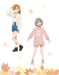 2girls artbook blue_eyes denim denim_skirt full_body grey_hair highres jewelry long_hair looking_at_viewer love_live! love_live!_superstar!! multiple_girls necklace non-web_source official_art open_mouth orange_hair pink_sweater purple_eyes shibuya_kanon shoes skirt smile sweater tang_keke v white_background