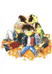 Rule 34 | 2girls, 3boys, absurdres, aoyama goushou, arm support, autumn leaves, black-framed eyewear, black hair, black shoes, blue jacket, blue pants, blue sweater, bow, bowtie, brown hair, brown shoes, closed eyes, closed mouth, edogawa conan, falling leaves, glasses, green hoodie, green shoes, green skirt, green sweater, haibara ai, hairband, hand to own mouth, highres, hood, hoodie, jacket, knees up, knit hat, kojima genta, leaf, long sleeves, looking at another, looking up, maple leaf, meitantei conan, multiple boys, multiple girls, non-web source, official art, open mouth, pants, pink hairband, plaid clothes, plaid pants, red pants, scan, shirt, shoes, short hair, sitting, skirt, smile, sweater, tsuburaya mitsuhiko, u u, wariza, white background, white pants, white shirt, yawning, yoshida ayumi