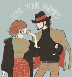 1boy 1girl beard black_hair black_headwear black_shirt brown_hair brown_jacket brown_pants brown_shirt cigarette earrings english_text eyelashes facial_hair fingernails grey_background grin hat_over_eyes jacket jacket_on_shoulders jewelry jigen_daisuke lipstick lupin_iii maiko_(setllon) makeup mine_fujiko pants red_skirt shirt short_hair skirt smile smoking