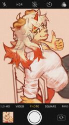 1boy arknights camera claws colored_tips commentary english_commentary furry furry_male highres horns hung_(arknights) komainu_boy komainu_ears komainu_tail looking_at_viewer male_focus multicolored_hair pawpads shirt single_horn sitting thumbs_up tongue tongue_out turro0on white_shirt