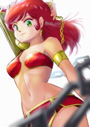 1girl arm_behind_head arm_up armlet armor artist_name asymmetrical_armor benten_(urusei_yatsura) bikini_armor blurry blurry_foreground breasts chain closed_mouth commentary counter earrings faulds from_below green_eyes highres holding holding_chain jewelry long_hair looking_at_viewer miz_mus navel panties red_armor red_hair red_panties rerebrace shoulder_armor simple_background single_vambrace small_breasts smile solo standing twitter_username underwear urusei_yatsura vambraces white_background
