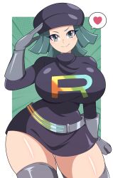 1girl :&gt; absurdres abysswatchers alternate_breast_size belt black_dress black_hat boots breasts cowboy_shot curvy dress gloves great_ball green_eyes green_hair grey_belt grey_boots grey_gloves hand_on_own_hip hat heart highres holding holding_poke_ball large_breasts long_hair looking_at_viewer miniskirt nintendo open_mouth poke_ball pokemon pokemon_usum salute shiny_skin skirt smile solo team_rainbow_rocket team_rainbow_rocket_grunt teeth thigh_boots wide_hips