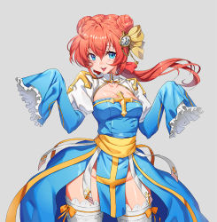 1girl arch_bishop_(ragnarok_online) bad_id bad_twitter_id blue_dress blue_eyes blush bow breasts chinese_commentary cleavage_cutout clock_hair_ornament clothing_cutout commentary_request cowboy_shot cross double_bun dress frilled_sleeves frills grey_background hair_between_eyes hair_bun hair_ribbon juliet_sleeves long_hair long_sleeves looking_at_viewer medium_breasts no_panties open_mouth ponytail puffy_sleeves ragnarok_online red_hair ribbon rio sash simple_background sleeves_past_wrists solo bow_legwear thighhighs two-tone_dress white_dress white_thighhighs yellow_bow yellow_ribbon yellow_sash