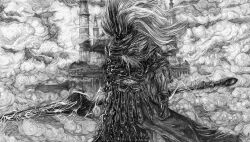 1boy absurdres armor breastplate crown dark_souls_(series) dark_souls_iii faulds fu_xiao_ai gauntlets glaive_(polearm) greyscale highres holding holding_polearm holding_weapon long_hair monochrome nameless_king polearm scarf scarf_over_mouth solo storm traditional_media weapon