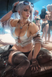 1boy 3girls abs ass bag beach bikini bikini_top_only black_hair black_nails boots breasts ciri cleavage earrings eyewear_on_head facial_scar fingerless_gloves fingernails freckles geralt_of_rivia gloves green_bikini jewelry lips multiple_girls nail_polish necklace o-ring o-ring_top palm_tree patreon piercing ponytail red_hair sakimichan sand sandals scar scar_across_eye scar_on_cheek scar_on_face see-through_clothes shiny_skin side-tie_bikini_bottom signature silver_hair sunglasses sweat swimsuit the_witcher_(series) the_witcher_3 thigh_boots thighhighs tree triss_merigold water white_bikini yennefer_of_vengerberg