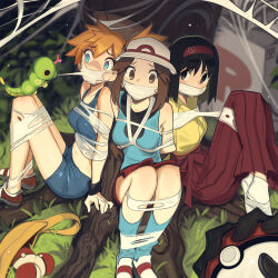 1other 3girls arms_behind_back bdsm black_gloves black_hair blue_eyes blue_shorts blue_socks blush bondage bound bound_ankles bound_arms bound_legs bound_torso breasts brown_eyes brown_hair bug cad_(caddo) caterpie cloth_gag crop_top erika_(pokemon) gag gagged gen_1_pokemon gloves hairband hakama hat highres holding holding_poke_ball improvised_gag japanese_clothes kimono leaf_(pokemon) long_hair looking_at_viewer medium_breasts midriff miniskirt misty_(pokemon) multiple_girls nintendo orange_hair out_of_frame poke_ball poke_ball_(basic) pokemon pokemon_(creature) pokemon_frlg porkpie_hat red_hairband red_hakama red_skirt restrained shirt short_hair shorts side_ponytail silk skirt sleeveless sleeveless_shirt socks spider_web tabi team_rocket white_socks yellow_bag yellow_kimono