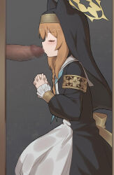 1boy 1girl absurdres animal_ears blue_archive cat_girl censored closed_eyes dress fellatio glory_hole halo hetero highres interlocked_fingers kissing_penis loli long_hair long_sleeves mari_(blue_archive) mosaic_censoring nun oral orange_hair own_hands_together penis praying puffy_long_sleeves puffy_sleeves qkracho_(thesdroz) white_dress yellow_halo