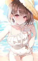 1girl absurdres beach blush breasts brown_hair choker closed_mouth collarbone cowboy_shot day frills hair_ornament hairclip harusaki_nodoka harusaki_nodoka_(holonatsu_paradise) hat highres hololive holonatsu_paradise large_breasts looking_at_viewer misyune outdoors red_eyes short_hair sitting smile solo straw_hat sun_hat swimsuit thighs