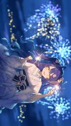 1girl ahoge amamiya_kokoro blue_sky firework_background hair_ornament highres holding holding_fireworks japanese_clothes kimono long_hair looking_at_viewer miyayoki nijisanji open_mouth purple_hair sky smile solo tagme twintails