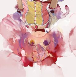 1girl absurdres choker closed_mouth dress highres kaname_madoka kaname_madoka_(magical_girl) light_smile looking_at_viewer magical_girl mahou_shoujo_madoka_magica mihifu pink_dress pink_hair puffy_short_sleeves puffy_sleeves short_sleeves simple_background solo soul_gem tagme twintails upside-down white_background