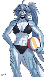 1girl abs absurdres ahoge ball beachball bikini black_bikini black_sclera blue_hair blue_skin breasts cleavage collarbone colored_sclera colored_skin constricted_pupils crossed_bangs double-parted_bangs fins fish_tail gegegekman grin hair_between_eyes halterneck highres holding holding_ball holding_beachball large_breasts long_hair looking_at_viewer navel one_side_up original shark_girl shark_tail sharp_teeth signature simple_background smile solo standing swimsuit tail teeth toned toned_female v-shaped_eyebrows very_long_hair wet white_background yellow_eyes