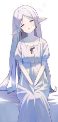1girl closed_eyes commentary earrings elf frieren grey_hair highres jewelry long_hair nightgown pointy_ears simple_background sitting sleepy solo sousou_no_frieren white_background white_nightgown yamada_kotaro77
