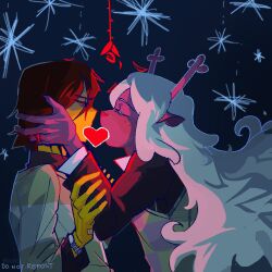 1girl 1other animal_ears antlers blood blood_on_clothes brown_hair colored_skin deer_antlers deer_ears deer_girl deltarune falling_petals flower furry furry_female green_sweater heart highres horns jewelry kiss kris_(deltarune) long_hair noelle_holiday petals red_flower red_rose reiksao ring rose short_hair simple_background snow soul_(deltarune) striped_clothes striped_sweater sweater watch weird_route_(deltarune) white_hair wristwatch yellow_skin