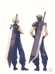 2boys absurdres armor baggy_pants black_boots black_gloves black_hair black_pants blonde_hair boots buster_sword cloud_strife commentary_request cross_scar crossed_arms demi_co facial_scar final_fantasy final_fantasy_vii final_fantasy_vii_rebirth final_fantasy_vii_remake from_behind full_body gloves hands_on_own_hips highres male_focus materia multiple_boys pants scar scar_on_cheek scar_on_face short_hair shoulder_armor single_bare_shoulder sleeveless sleeveless_turtleneck spiked_hair standing sweater sword turtleneck turtleneck_sweater weapon weapon_on_back zack_fair