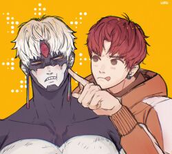 2boys blush cheek_poking closed_mouth collarbone dandadan dual_persona earrings enjoji_jin evil_eye_(dandadan) hashtag-only_commentary highres hood hooded_jacket hoodie jacket jewelry long_sleeves looking_at_another male_focus multiple_boys orange_hoodie orange_jacket parted_lips poking red_hair short_hair third_eye tongue tongue_out track_jacket transformation umesei upper_body white_hair yellow_background