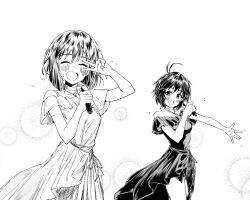 2girls absurdres antenna_hair arm_up bakawahitori choker closed_eyes dress facing_viewer greyscale hagiwara_yukiho hashtag-only_commentary highres holding holding_microphone idolmaster idolmaster_(classic) jewelry kikuchi_makoto looking_at_viewer microphone monochrome multiple_girls necklace open_mouth simple_background smile standing v white_background