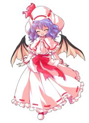 1girl ^_^ arms_at_sides ascot bat_wings bow capelet closed_eyes commentary_request curiosities_of_lotus_asia dairi dress dress_bow dress_ribbon frilled_ascot frilled_capelet frilled_dress frills full_body hat hat_bow large_variant_set long_hair long_sleeves looking_at_viewer nervous_smile open_mouth pink_ascot pink_capelet pink_dress pink_shoes purple_hair raised_inner_eyebrows red_bow red_ribbon red_socks remilia_scarlet ribbon ribbon-trimmed_dress ribbon_trim shoes simple_background smile socks solo straight-on tachi-e touhou transparent_background variant_set walking wavy_hair wings