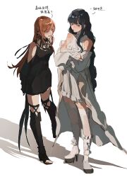 2girls :d absurdres arms_behind_back ascot asymmetrical_bangs bare_shoulders black_dress black_hair black_shoes blue_eyes blunt_bangs blush boots breasts chinese_commentary chinese_text clothing_cutout color_switch commentary crossed_arms detached_sleeves dress embarrassed final_fantasy final_fantasy_xiv full_body gaia_(ff14) hair_behind_ear high-low_dress high_heels highres knee_boots long_hair looking_at_another looking_to_the_side multiple_girls open-toe_boots open_mouth orange_hair pout ryne_waters shadow shoes short_dress shoulder_blush shoulder_cutout simple_background simplified_chinese_text sleeveless sleeveless_dress small_breasts smile standing thighhighs translated wavy_hair white_ascot white_dress white_shoes white_thighhighs xiao_dao_(kojimarie)