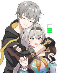 1boy 1girl @_@ absurdres battery_indicator black_gloves black_hair blush bridal_gauntlets caelus_(honkai:_star_rail) closed_mouth erushira fingerless_gloves firefly_(honkai:_star_rail) frilled_sleeves frills gloves grey_hair hair_between_eyes hair_ornament hairband highres honkai:_star_rail honkai_(series) hug long_hair long_sleeves neckerchief one_eye_closed open_mouth orange_neckerchief simple_background single_bridal_gauntlet trailblazer_(honkai:_star_rail) white_background