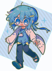 1boy ahoge androgynous antlers arms_at_sides black_pants blue_eyes blue_hair blue_sandals blue_shirt commentary_request full_body hair_between_eyes happy_tree_friends highres horns jacket lapels long_hair long_sleeves looking_at_viewer low_ponytail lumpy_(happy_tree_friends) male_focus moose_antlers omoyu_(nakyu715) open_clothes open_jacket pants personification ponytail puffy_long_sleeves puffy_sleeves sandals shirt simple_background single_eyebrow solo sparkle standing standing_on_one_leg walking white_jacket