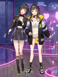 2girls aya_(hayase_sou) bike_shorts black_boots black_choker black_gloves black_hair black_jacket black_shirt black_shoes black_shorts black_socks boots bracelet center_opening choker cleavage_cutout clothing_cutout dual_persona fingerless_gloves gloves green_hair grey_shirt hand_on_own_chest hand_on_own_hip haniwa_(refuge) hayase_sou hayase_sou_(2nd_costume) head_tilt jacket jewelry long_hair long_sleeves looking_at_viewer midriff multicolored_hair multiple_girls necklace nijisanji official_alternate_costume official_alternate_hairstyle official_art pink_hair print_shirt purple_eyes red_hair second-party_source see-through_clothes see-through_skirt shirt shoes short_hair shorts single_glove skirt smile sneakers socks streaked_hair thigh_strap two-sided_fabric two-sided_jacket virtual_youtuber yellow_jacket zipper zipper_pull_tab