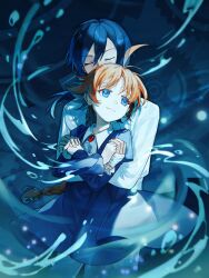 Rule 34 | ahiru (princess tutu), ahoge, androgynous, bandaged hand, bandages, blue eyes, blue hair, braid, closed eyes, closed mouth, fakir (princess tutu), gear background, gold crown academy school uniform, hetero, highres, holding hands, juliet sleeves, long sleeves, orange hair, pale skin, princess tutu, puffy sleeves, ryuh (asahina neru), school uniform, single braid, smile