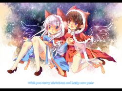 2girls arch_bishop_(ragnarok_online) black_shoes blue_dress blue_eyes blush breasts brown_hair christmas commentary_request cross drawn_wings dress english_text fishnet_thighhighs fishnets full_body grey_hair happy_new_year highres holding_hands hood hood_up jumping letterboxed long_hair looking_at_viewer medium_breasts merry_christmas multiple_girls nanami_(s881201guy) new_year open_mouth pointy_ears purple_sky ragnarok_online red_dress red_hood sash shoes short_hair sky smile star_(sky) starry_sky thighhighs white_thighhighs yellow_sash