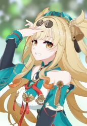 Rule 34 | 1girl, absurdres, adjusting eyewear, bell, blonde hair, commentary request, detached sleeves, diamond-shaped pupils, diamond (shape), dress, eyewear on head, green dress, green hat, hair bell, hair ornament, hat, highres, honkai (series), honkai impact 3rd, long hair, long sleeves, looking at viewer, multicolored hair, orange hair, red pupils, smile, solo, songque, songque (jovial deception: shadowdimmer), streaked hair, symbol-shaped pupils, teni (jmeg7473), two-tone hair, two side up, upper body, yellow eyes