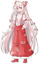 1girl alphes_(style) bow collared_shirt commentary_request dairi fujiwara_no_mokou full_body hair_bow hand_in_pocket hand_on_own_face long_hair long_sleeves looking_at_viewer multiple_hair_bows o_o ofuda ofuda_on_clothes pants parody red_bow red_eyes red_pants red_suspenders red_trim shirt smile solo style_parody suspenders sweatdrop touhou transparent_background two-tone_bow very_long_hair white_bow white_hair white_shirt worried