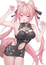 Rule 34 | 1girl, :3, absurdres, animal ears, antenna hair, bare shoulders, belt, black belt, black dress, black ribbon, blush, breasts, claw pose, commentary, dress, fang, fingernails, hair ribbon, hakui koyori, hakui koyori (dark maid), hanamaru tsubaki, highres, hololive, large breasts, long hair, looking at viewer, nail polish, navel, open mouth, pink eyes, pink hair, pink nails, ribbon, simple background, skin fang, smile, solo, stomach, tail, thighs, twintails, virtual youtuber, white background, wolf ears, wolf girl, wolf tail