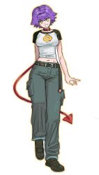 1girl arm_at_side arm_behind_back baggy_pants belt belt_buckle black_belt black_shirt black_shoes breasts buckle collar commentary cropped_shirt curled_fingers curled_tail demon_girl demon_tail dot_nose english_commentary eyebrows_hidden_by_hair flipped_hair full_body green_eyes grey_pants grin hair_between_eyes hair_intakes head_tilt highres invisible_floor leg_up long_eyelashes long_legs looking_at_viewer matheus_felipe medium_breasts midriff navel open_hand original outline pants parted_hair parted_lips pocket print_shirt purple_hair raised_eyebrows red_collar red_tail shirt shoes short_hair short_sleeves sidelocks simple_background smile solo spiked_hair standing standing_on_one_leg straight-on studded_collar t-shirt tail teeth thick_eyelashes tight_clothes tight_shirt two-tone_shirt white_background white_shirt yellow_outline