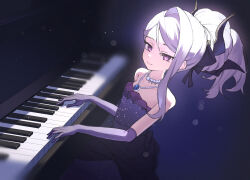 Rule 34 | 1girl, blue archive, breasts, demon girl, demon horns, dress, earrings, gloves, highres, hina (blue archive), hina (dress) (blue archive), horns, instrument, jewelry, long hair, looking at viewer, music, necklace, nushibautiful, off shoulder, pendant, playing instrument, playing piano, purple dress, purple eyes, purple gloves, sitting, small breasts, solo, white hair