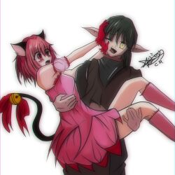 Rule 34 | 1980s (style), 1boy, 1girl, absurdres, animal ears, cat ears, cat tail, dress, elkiritgsuwu, green hair, highres, magical girl, momomiya ichigo, oldschool, pink dress, pink eyes, pink hair, quiche (tokyo mew mew), retro artstyle, tail, tokyo mew mew, yellow eyes