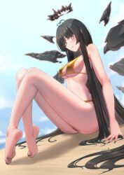1girl angel arknights barefoot beach bikini black_hair black_halo black_wings blue_sky blurry blurry_background breasts commentary_request feet gold_bikini halo highres large_breasts long_hair mole mole_under_eye outdoors see-through_clothes sitting sky soles solo stomach swimsuit toes very_long_hair virtuosa_(arknights) wings yamauchi_(conan-comy)