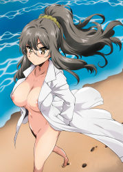 1girl absurdres beach blush breasts brown_eyes brown_hair closed_mouth collarbone covered_erect_nipples day floating_hair footprints from_above futaba_rio glasses hair_between_eyes hair_ornament hair_scrunchie hands_in_pockets high_ponytail highres lab_coat large_breasts long_hair looking_at_viewer maximilian-destroyer naked_lab_coat navel night nipple_slip nipples nude nudist ocean outdoors ponytail public_indecency sand scrunchie seishun_buta_yarou solo walking water waves