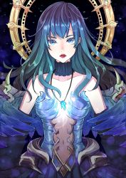 1girl absurdres alternate_costume bare_shoulders black_hair blue_eyes breasts breasts_apart corruption crystal dark_persona dead_source dress feathers final_fantasy final_fantasy_xiv gaia_(ff14) highres hyur jewelry lips long_hair looking_at_viewer medium_breasts navel official_alternate_costume pendant red_lips solo source_request strapless strapless_dress upper_body wings yamai_yurika