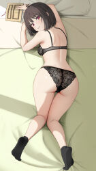 1girl absurdres ankle_socks ass bed_sheet black_bra black_hair black_panties black_socks bob_cut book bra breasts commentary_request commission from_behind gibun_(sozoshu) highres holding holding_book legs medium_breasts osanai_yuki panties pixiv_commission purple_eyes shoushimin_series socks solo thighs underwear underwear_only