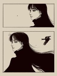 1girl asian bird black_hair black_outline brown_background crow greyscale highres long_hair looking_at_viewer monochrome original outline solo sweater tp_p_pt turtleneck turtleneck_sweater