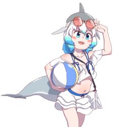 1girl bag ball bare_shoulders beachball belt blowhole blue_belt blue_eyes blue_hair blush cetacean_tail common_bottlenose_dolphin_(kemono_friends) dolphin_girl dorsal_fin eyewear_on_head fins fish_tail frilled_shirt frills grey_hair hair_between_eyes handbag head_fins highres kemono_friends kemono_friends_3 makimakimaki928 midriff multicolored_hair navel official_alternate_costume open_mouth shirt short_hair short_sleeves sidelocks skirt smile solo spaghetti_strap sunglasses tail white_hair white_shirt white_skirt