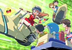 2boys 3girls aircraft aqua_eyes artist_name bare_arms blowing_whistle blue_gloves blue_skirt boots breasts brown_hair buyoyon cleavage closed_mouth clothes_lift collared_shirt commentary creator_connection crossover dated doraemon doraemon_(character) dress driving floating_hair flying glasses gloves goggles goggles_on_headwear hairband helmet highres holding holding_whistle hover_bike isedaichi_ken long_hair looking_at_another low_twintails minamoto_shizuka miniskirt motorcycle_helmet multiple_boys multiple_girls namihira_bon nobi_nobita open_mouth panties pantyshot pink_shirt power_connection red_dress riimu_stream robot round_eyewear shirt short_hair short_twintails sitting skirt skirt_lift sleeveless sleeveless_dress sleeveless_shirt slime_(creature) small_breasts small_sweatdrop spaghetti_strap surprised tank_top time_machine time_machine_(doraemon) tp_bon twintails twitter_username underwear upskirt wavy_mouth whistle white_boots white_hairband white_panties wind wind_lift wristband yasukawa_yumiko yellow_shirt