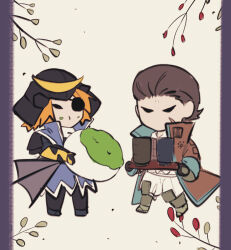 Rule 34 | 2boys, armor, brown coat, brown hair, chewing, chibi, chibi only, coat, cup, date masamune (sengoku basara), eyepatch, full body, helmet, highres, hikatwinkle, holding, holding tray, japanese armor, kabuto (helmet), katakura kojuurou (sengoku basara), male focus, multiple boys, no mouth, ookami (game), orange hair, parody, sengoku basara, short hair, style parody, tray, yunomi
