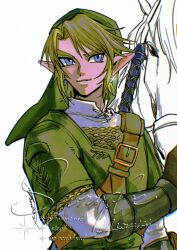 1boy armor blonde_hair blue_eyes chainmail closed_mouth earrings gloves green_hat green_tunic hat highres horse jewelry light_smile link male_focus mouyi nintendo pointy_ears sample_watermark shirt short_hair signature solo sparkle swept_bangs sword the_legend_of_zelda the_legend_of_zelda:_twilight_princess tunic upper_body watermark weapon weapon_on_back white_background white_shirt