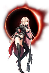 1girl black_boots black_gloves black_shirt black_shorts black_thighhighs blonde_hair boots braid breasts cape cleavage closed_mouth closers crop_top full_body gloves green_eyes gun hand_on_own_hip high_collar high_heel_boots high_heels highres large_breasts long_hair long_sleeves looking_at_viewer micro_shorts midriff navel official_art pelvic_curtain plunging_neckline rifle shirt shorts simple_background smile sniper_rifle solo soma_(closers) standing standing_on_one_leg stomach thigh_boots thighhighs thighs very_long_hair weapon white_background
