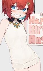 1girl absurdres alternate_hair_color ange_katrina ange_katrina_(1st_costume) aqua_hair armpit_crease bare_shoulders blue_eyes blush breasts character_name collared_dress colored_inner_hair covered_navel cowboy_shot crossed_bangs dress gluteal_fold grey_background grin hair_between_eyes hair_ornament hand_up happy_birthday hatyuuruinohito highres looking_at_viewer microdress multicolored_hair nijisanji red_hair short_hair sign simple_background sleeveless sleeveless_dress small_breasts smile triangle_hair_ornament two-tone_hair virtual_youtuber white_dress