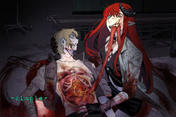1boy 1girl bandaged_arm bandages bed black_collar black_gloves black_horns black_vest blood blood_on_clothes blood_on_face blood_on_hands brown_hair brown_jacket cannibalism chinese_commentary coat collar collared_coat collared_jacket commentary_request commission corpse death ear_piercing eating fangs fingerless_gloves gloves green_eyes grey_background grey_coat guro high_collar highres holding_detached_head horns hospital hospital_bed indoors injury intestines jacket long_hair looking_at_another looking_at_viewer lying mismatched_pupils mouth_hold on_back open_mouth organs original parted_lips piercing pointy_ears pool_of_blood red_hair ribs saw shirt short_hair sidelocks sleeveless sleeveless_jacket vest yulei_yuuuuu